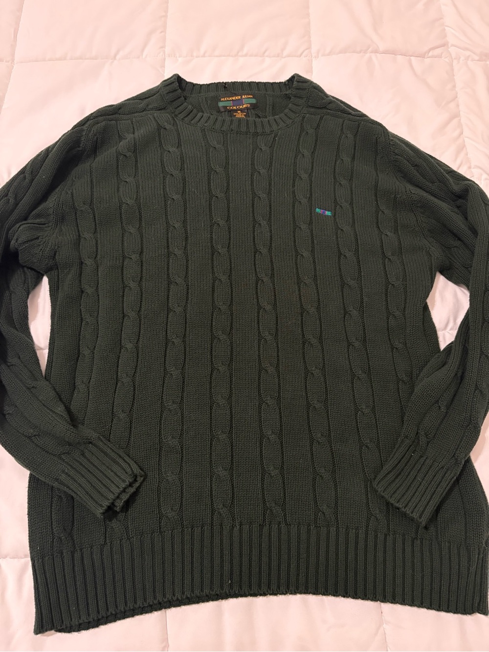 Alexander Julian Men's Forest Green Cable Crewneck Sweater 100 percent cotton